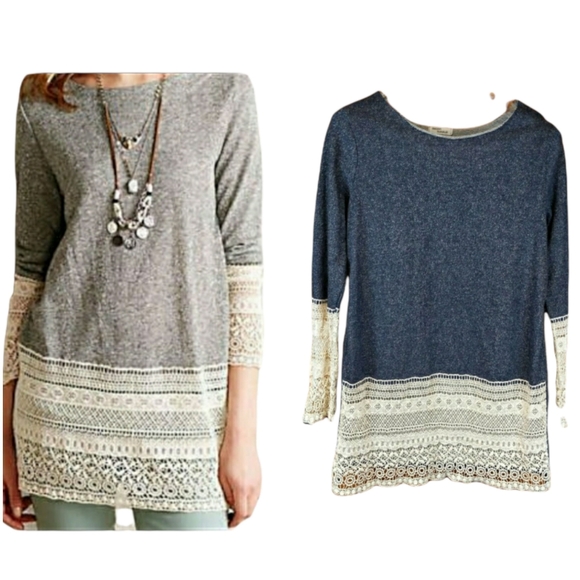 Million Bullpup Tops - Million Bullpup Boho Tunic Sweater Blue Lace Med
